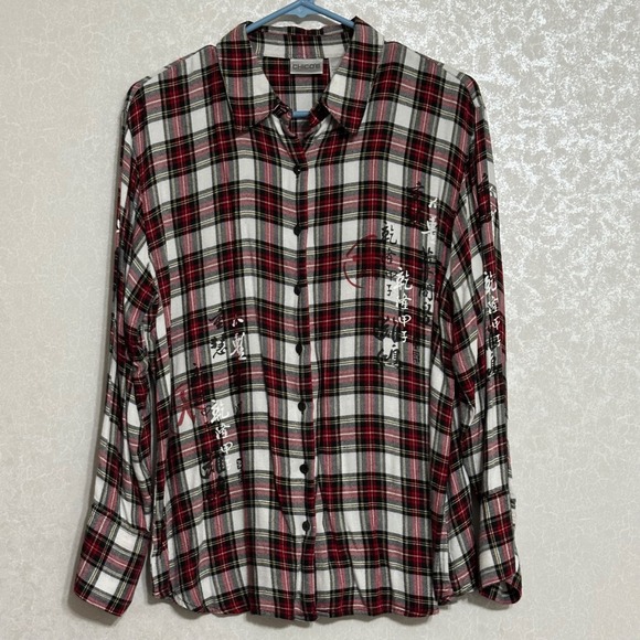 Chico's Tops - Chico's Scotch Plaid Button Up Shirt Long Sleeve Top Asian Calligraphy Sz 2 L